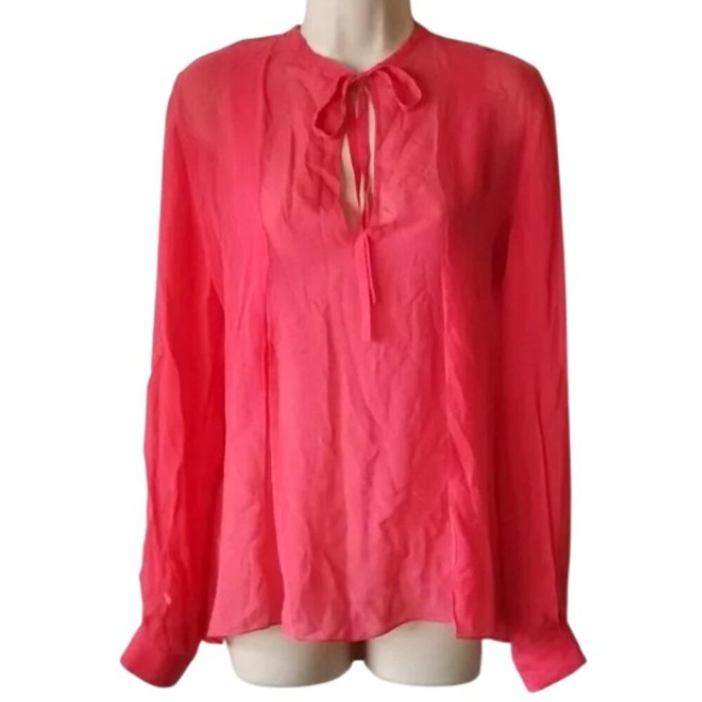 NWOT Faith Connexion Sheer Silk Tie-Neck Blouse L Dark Salmon Pink Paris France